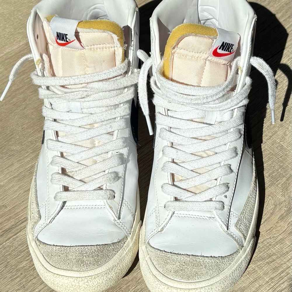 Nike White High-Top Sneakers with Cream Suede and Yellow Tongue